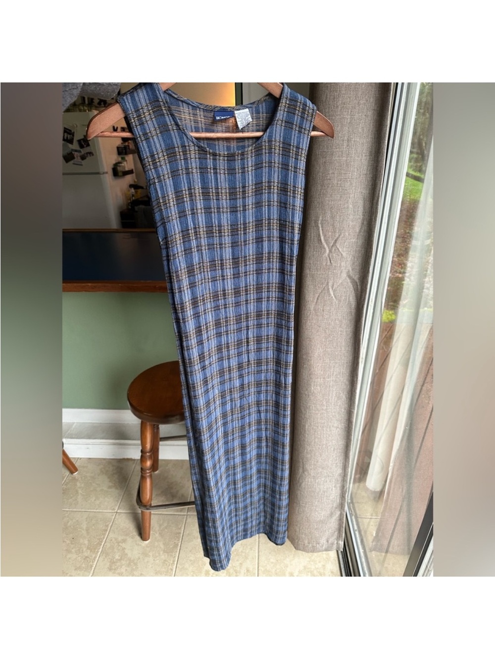 Honors Vintage 1990’s Sleeveless Blue Plaid Midi Maxi Dress Linen Rayon Afends - Picture 3 of 5